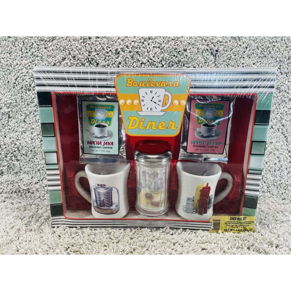 Boulevard Diner Mug Gift Set 2 Mugs Gourmet Coffee Shaker New In Box